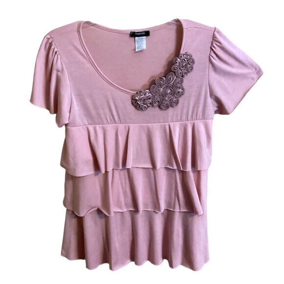 Agenda Top Women Short Sleeves SZ PL Pink Rosette Accent Tiered - Picture 1 of 6
